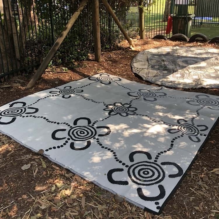 Outdoor Rug Plastic Mat ABORIGINAL Design, 2.7m Square in Black