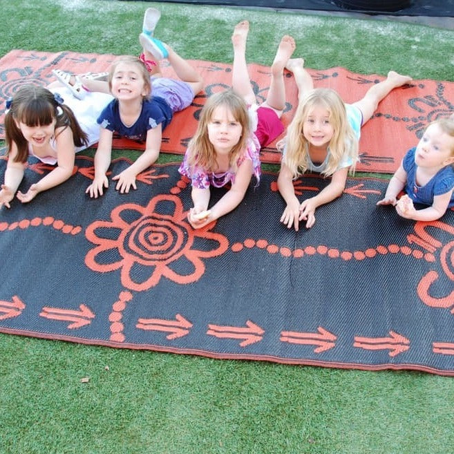 Emu & Kangaroo Tracks Mat 0.9m x 2.7m - Orange/Black