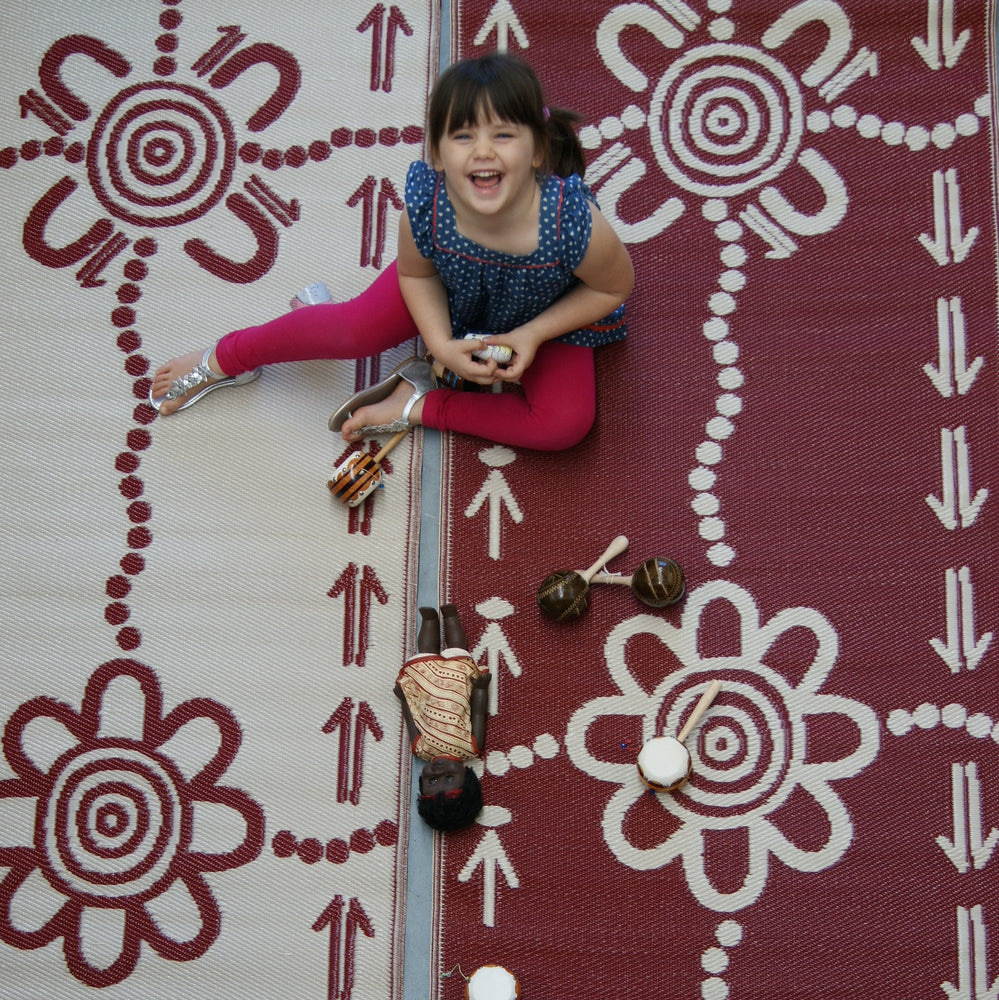 Emu & Kangaroo Tracks Mat 0.9m x 2.7m - Burgundy/White