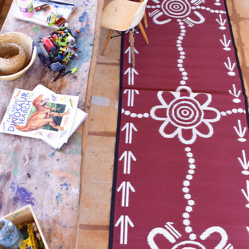 Emu & Kangaroo Tracks Mat 0.9m x 2.7m - Burgundy/White